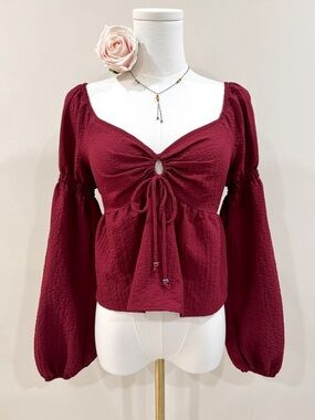 Burgundy Babydoll Peasant Crop Top Bell Sleeve Peplum Romantic Whimsigoth Size M